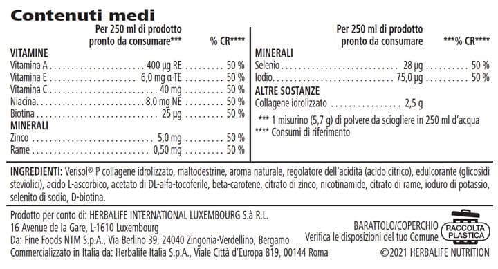 Tabella dei valori nutrizionali di Collagene SKIN