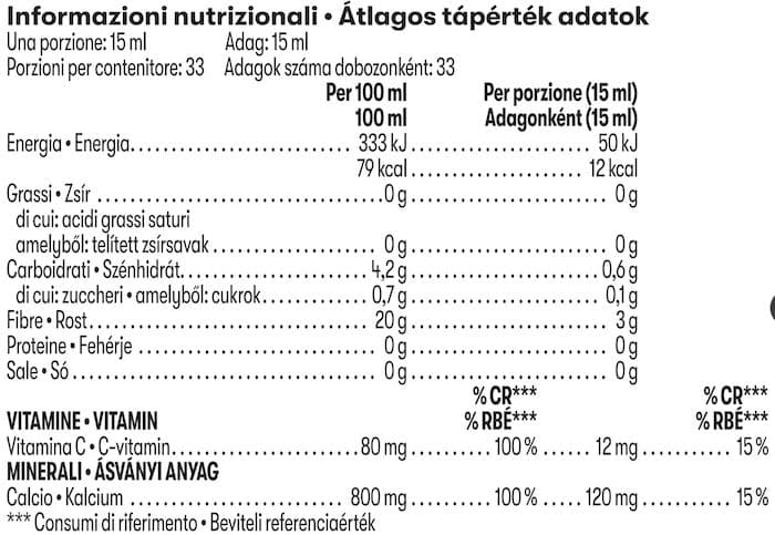 Tabella dei valori nutrizionali di Bevanda Concentrata di Fibre